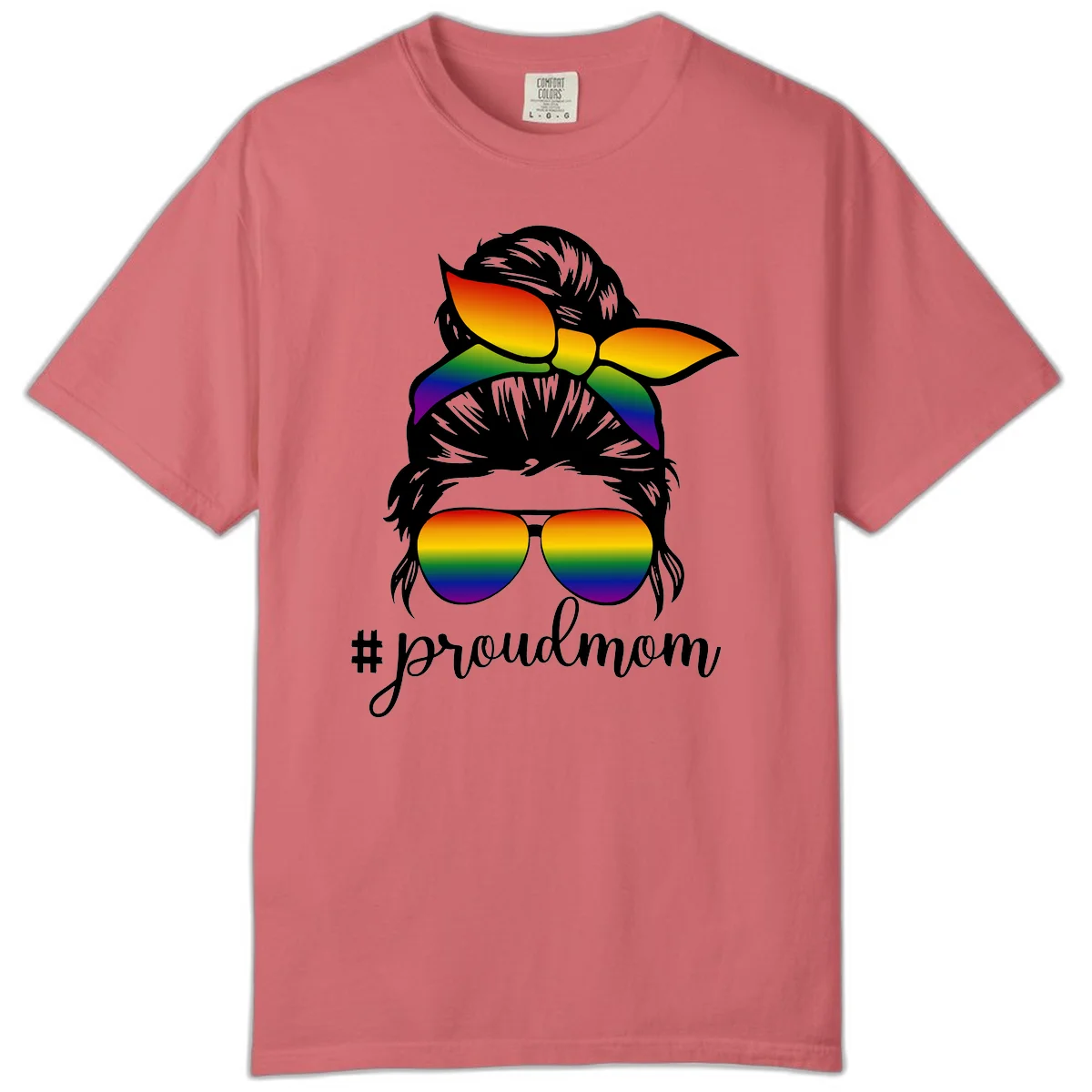 Illustration of a woman with black hair wearing rainbow bow, sunglasses, and lips with #proudmom text celebrating LGBTQ pride in Watermelon