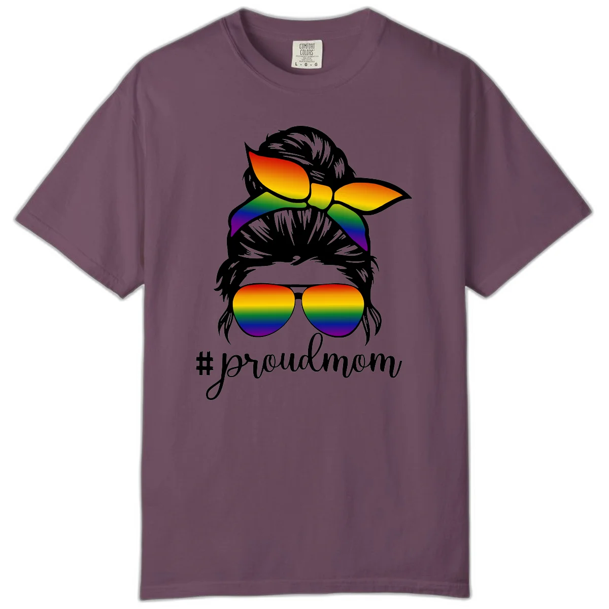 Illustration of a woman with black hair wearing rainbow bow, sunglasses, and lips with #proudmom text celebrating LGBTQ pride in Berry