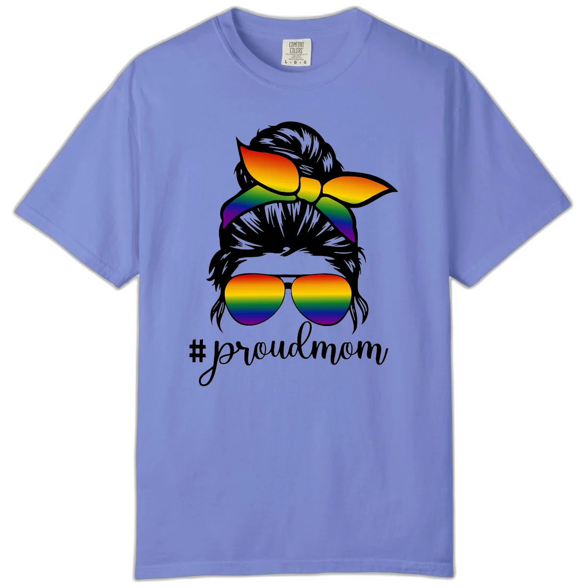 Illustration of a woman with black hair wearing rainbow bow, sunglasses, and lips with #proudmom text celebrating LGBTQ pride in Flo Blue