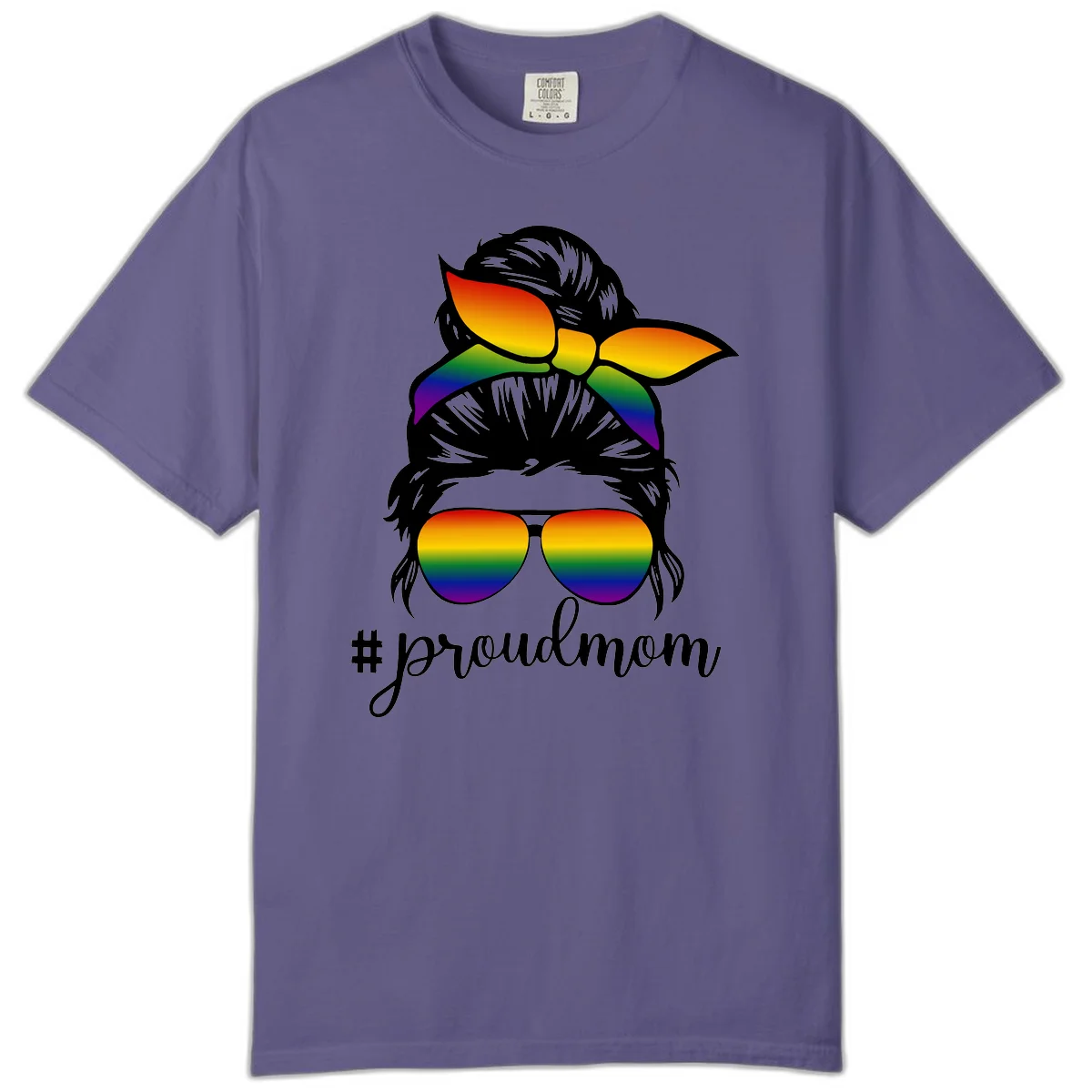 Illustration of a woman with black hair wearing rainbow bow, sunglasses, and lips with #proudmom text celebrating LGBTQ pride in Grape