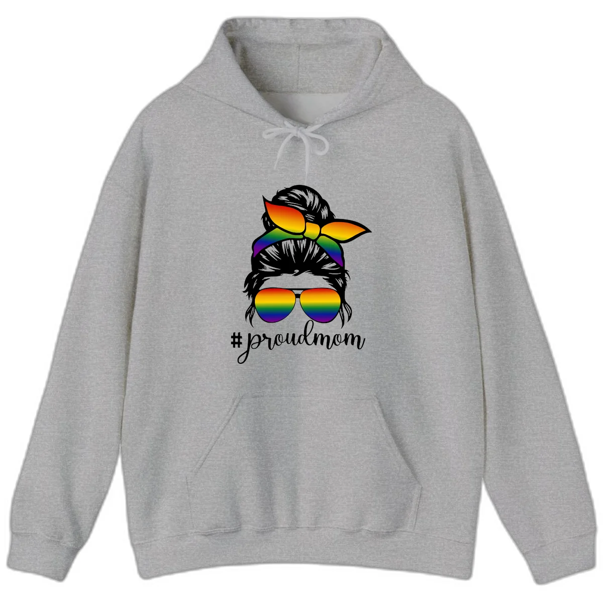 Illustration of a woman with black hair wearing rainbow bow, sunglasses, and lips with #proudmom text celebrating LGBTQ pride in Sport Grey