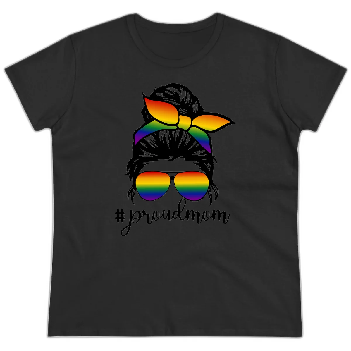 Illustration of a woman with black hair wearing rainbow bow, sunglasses, and lips with #proudmom text celebrating LGBTQ pride in Black