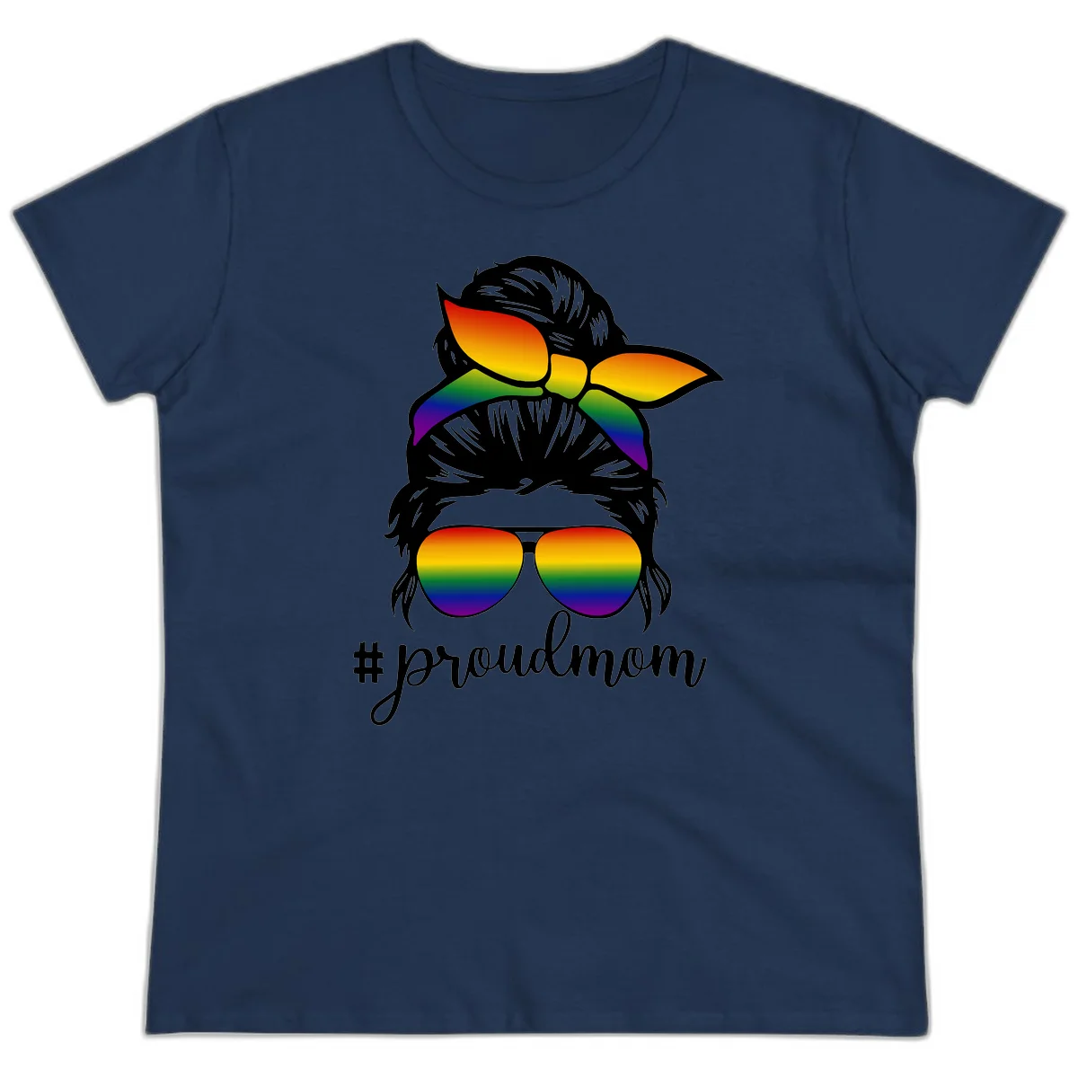 Illustration of a woman with black hair wearing rainbow bow, sunglasses, and lips with #proudmom text celebrating LGBTQ pride in Navy