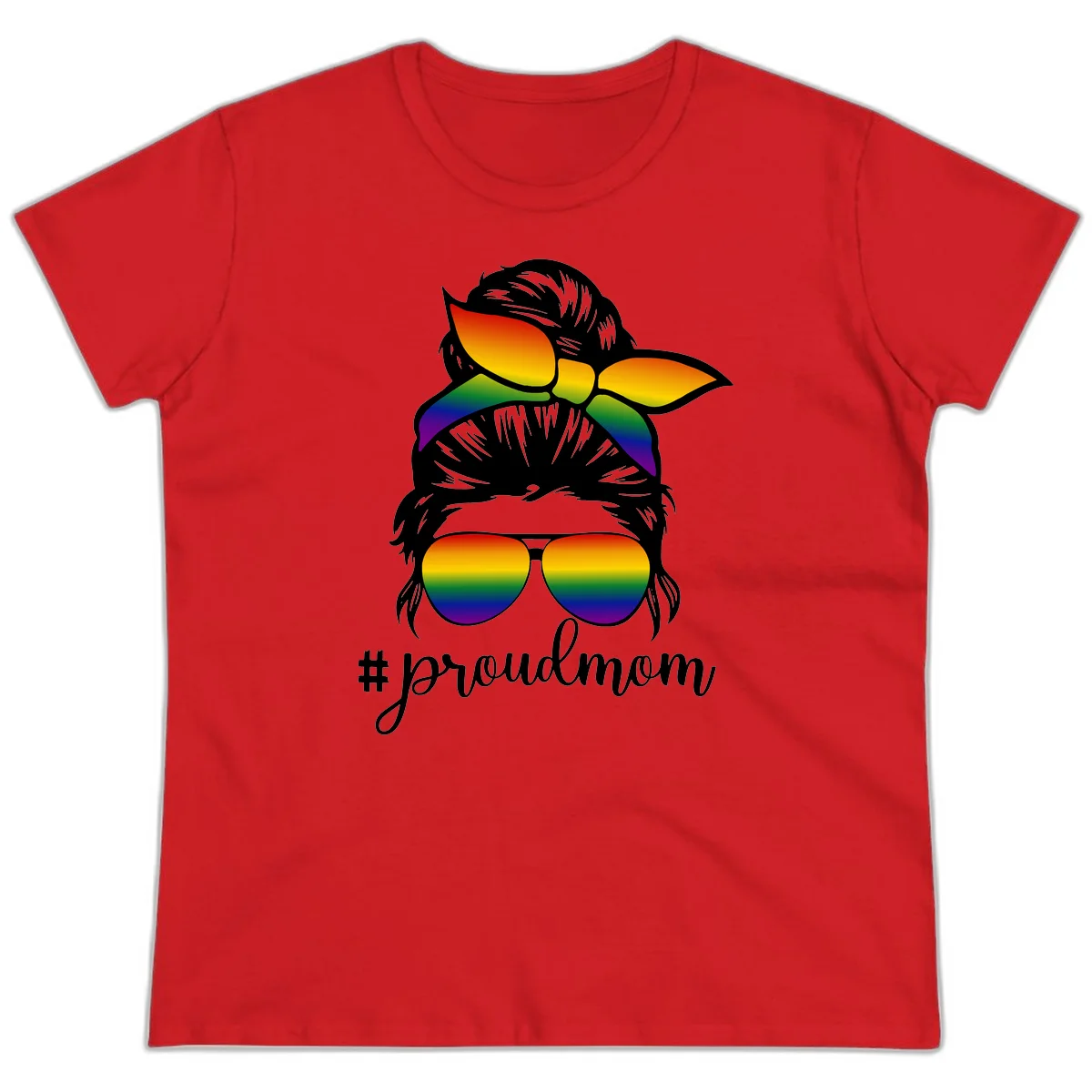 Illustration of a woman with black hair wearing rainbow bow, sunglasses, and lips with #proudmom text celebrating LGBTQ pride in Red