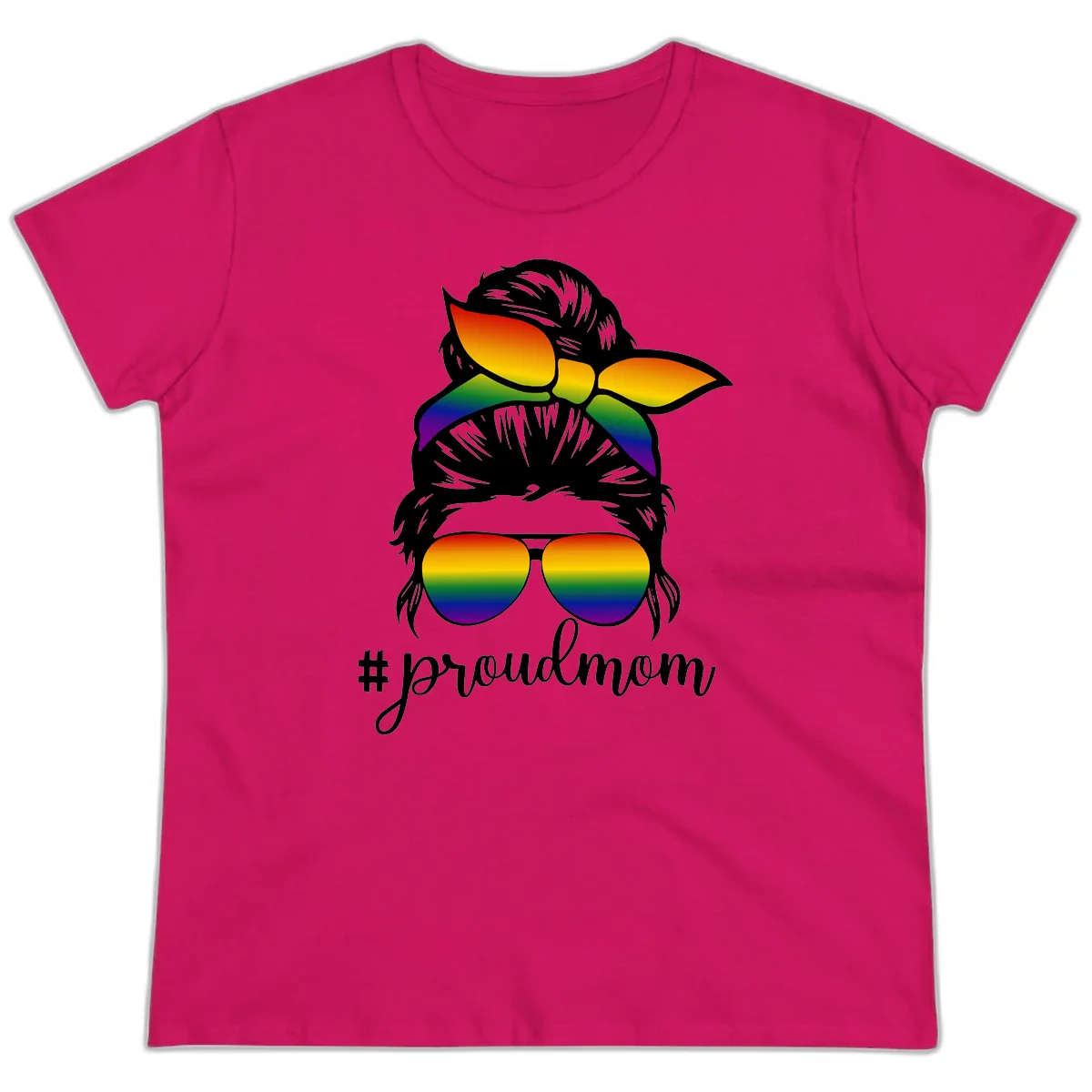 Illustration of a woman with black hair wearing rainbow bow, sunglasses, and lips with #proudmom text celebrating LGBTQ pride in Heliconia