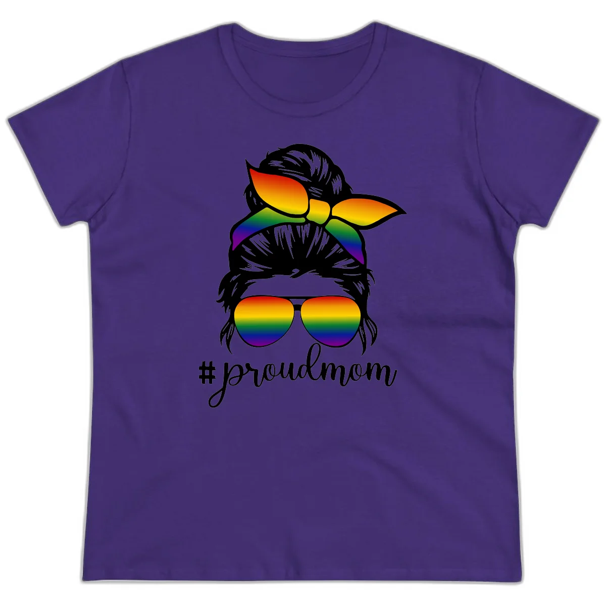 Illustration of a woman with black hair wearing rainbow bow, sunglasses, and lips with #proudmom text celebrating LGBTQ pride in Purple