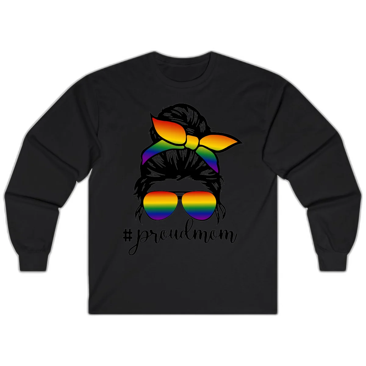 Illustration of a woman with black hair wearing rainbow bow, sunglasses, and lips with #proudmom text celebrating LGBTQ pride in Black