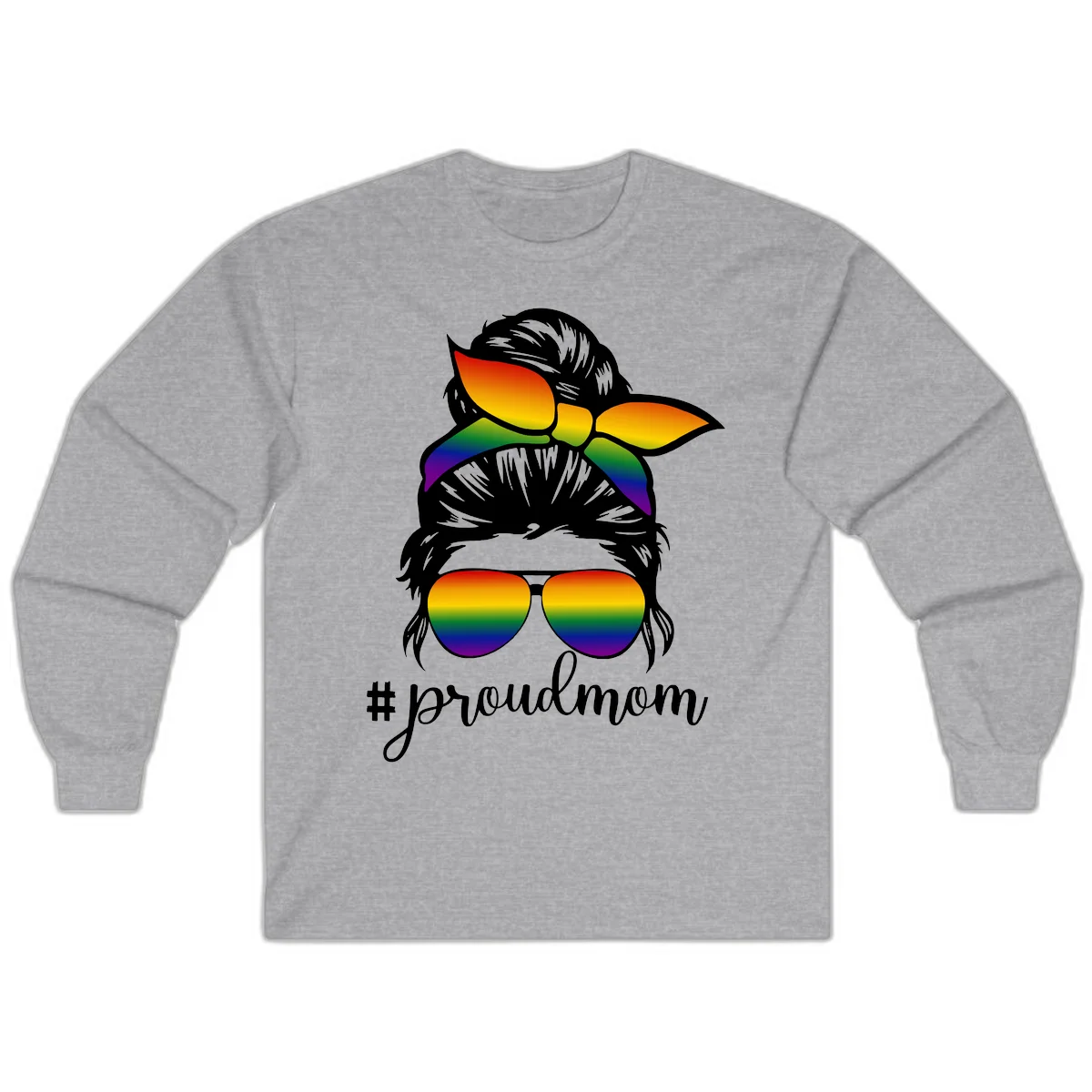 Illustration of a woman with black hair wearing rainbow bow, sunglasses, and lips with #proudmom text celebrating LGBTQ pride in Sport Grey