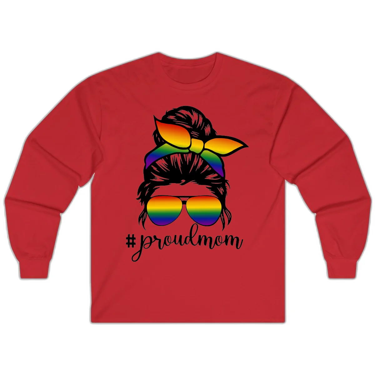 Illustration of a woman with black hair wearing rainbow bow, sunglasses, and lips with #proudmom text celebrating LGBTQ pride in Red