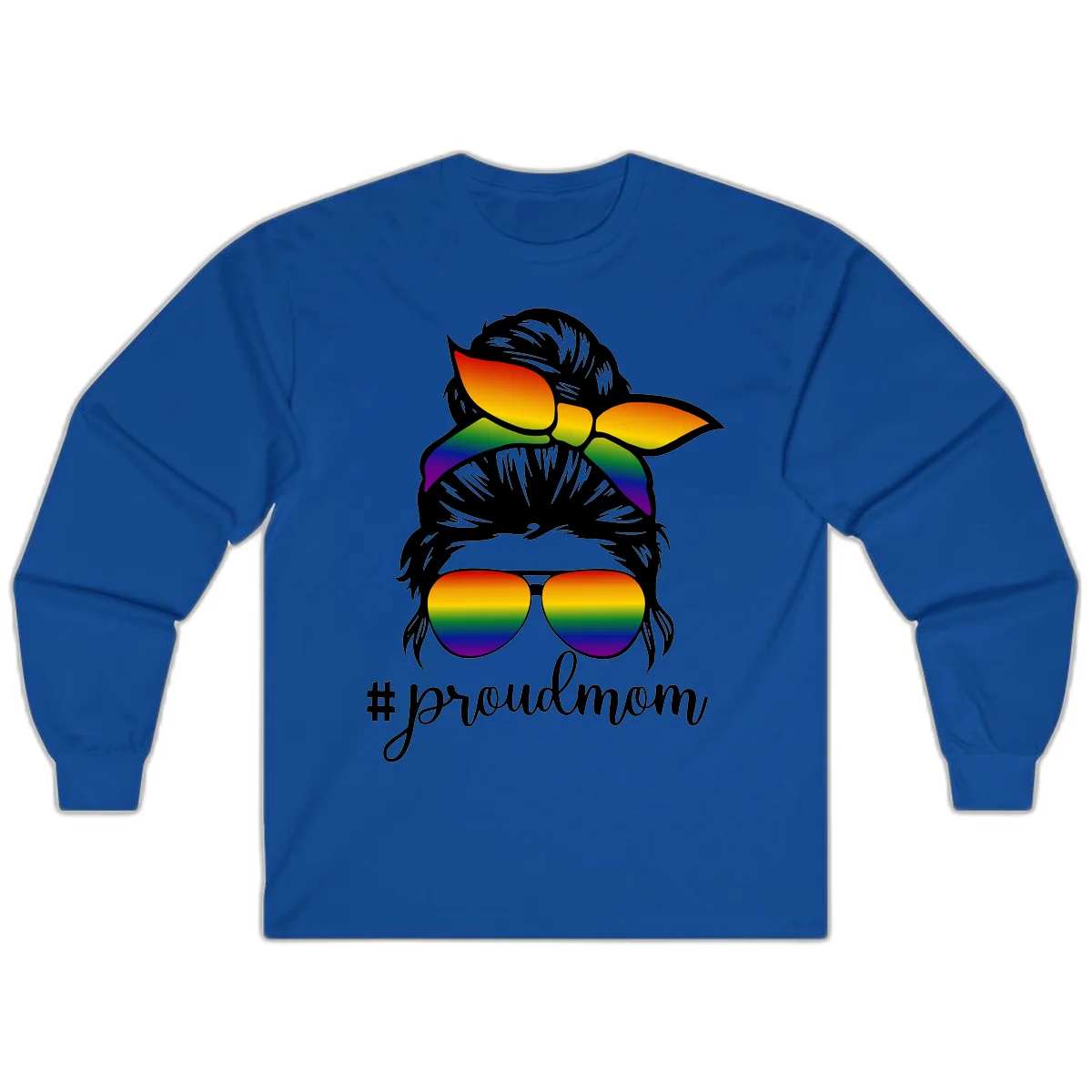 Illustration of a woman with black hair wearing rainbow bow, sunglasses, and lips with #proudmom text celebrating LGBTQ pride in Royal