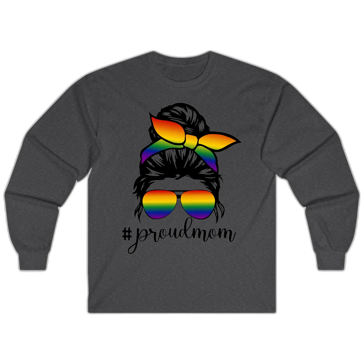 Illustration of a woman with black hair wearing rainbow bow, sunglasses, and lips with #proudmom text celebrating LGBTQ pride in Dark Heather