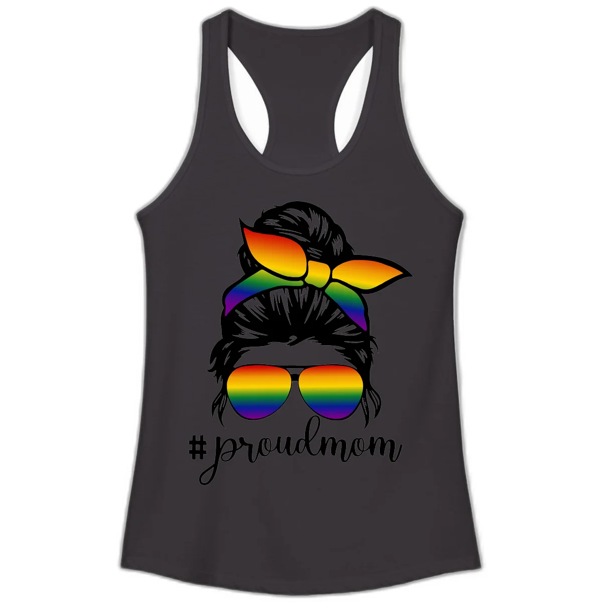 Illustration of a woman with black hair wearing rainbow bow, sunglasses, and lips with #proudmom text celebrating LGBTQ pride in Black