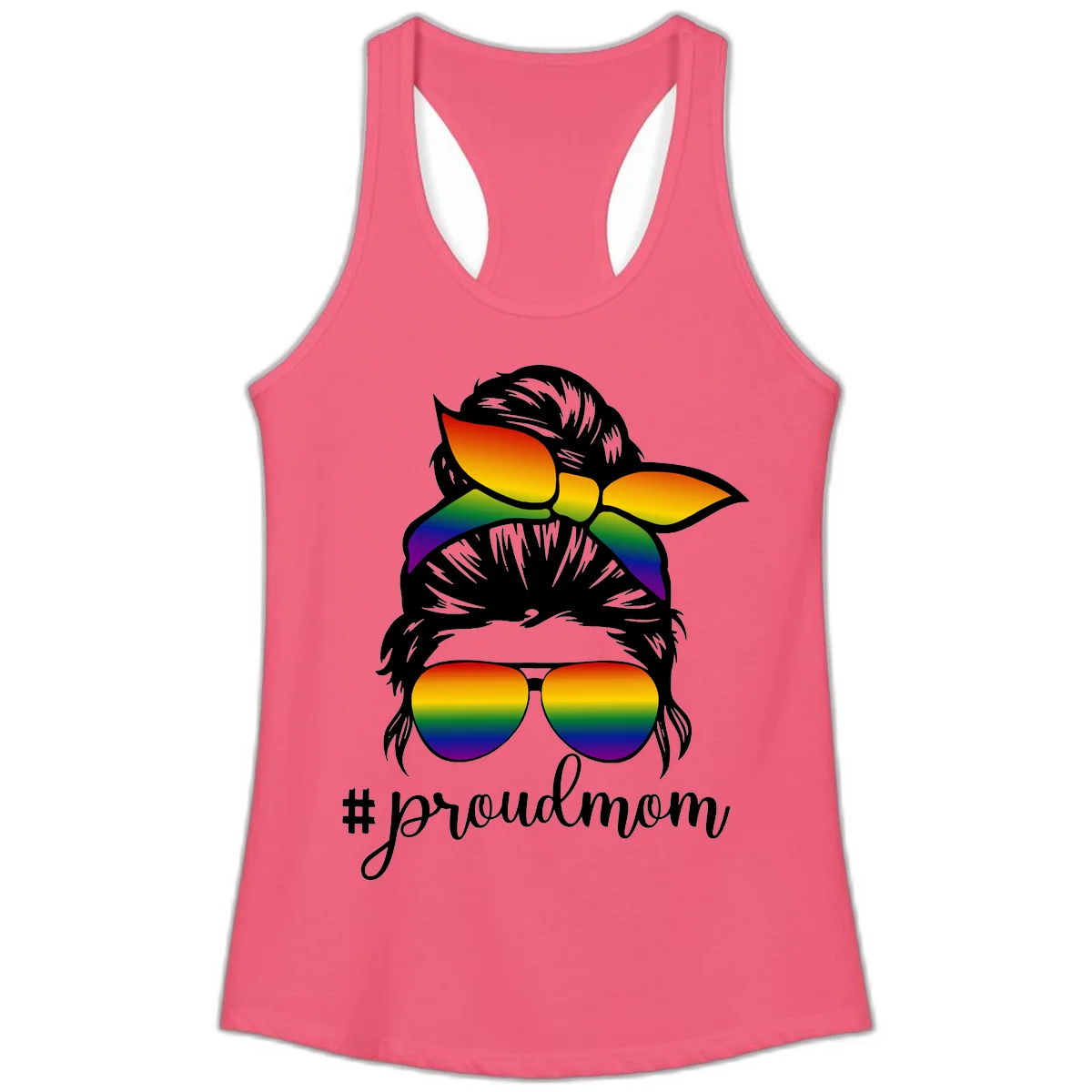 Illustration of a woman with black hair wearing rainbow bow, sunglasses, and lips with #proudmom text celebrating LGBTQ pride in Hot Pink