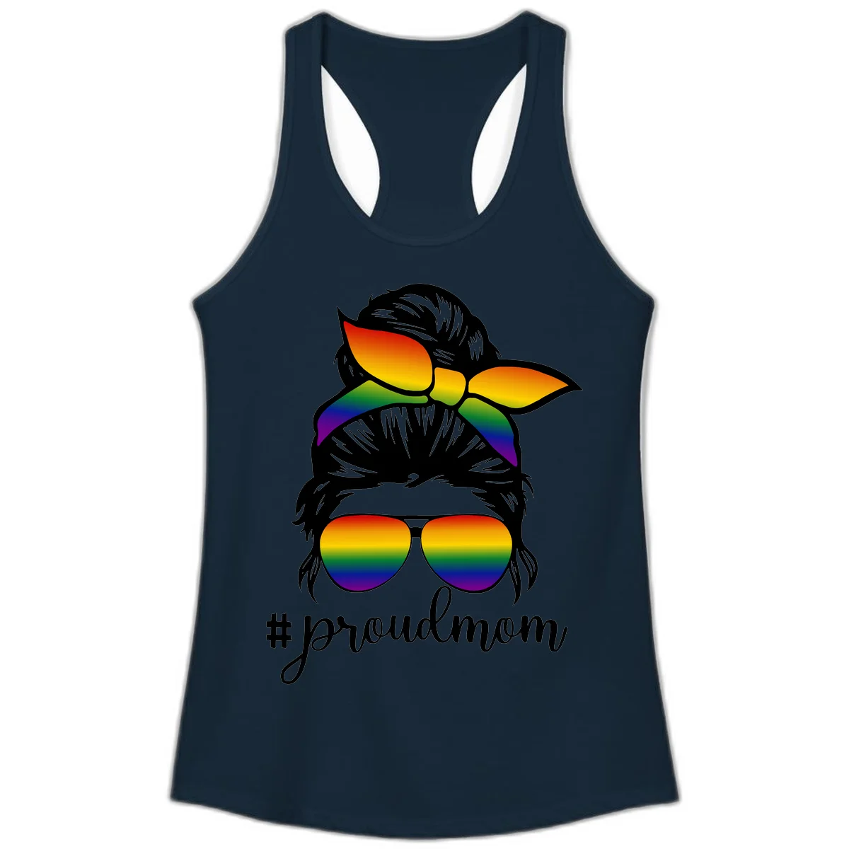 Illustration of a woman with black hair wearing rainbow bow, sunglasses, and lips with #proudmom text celebrating LGBTQ pride in Solid Midnight Navy