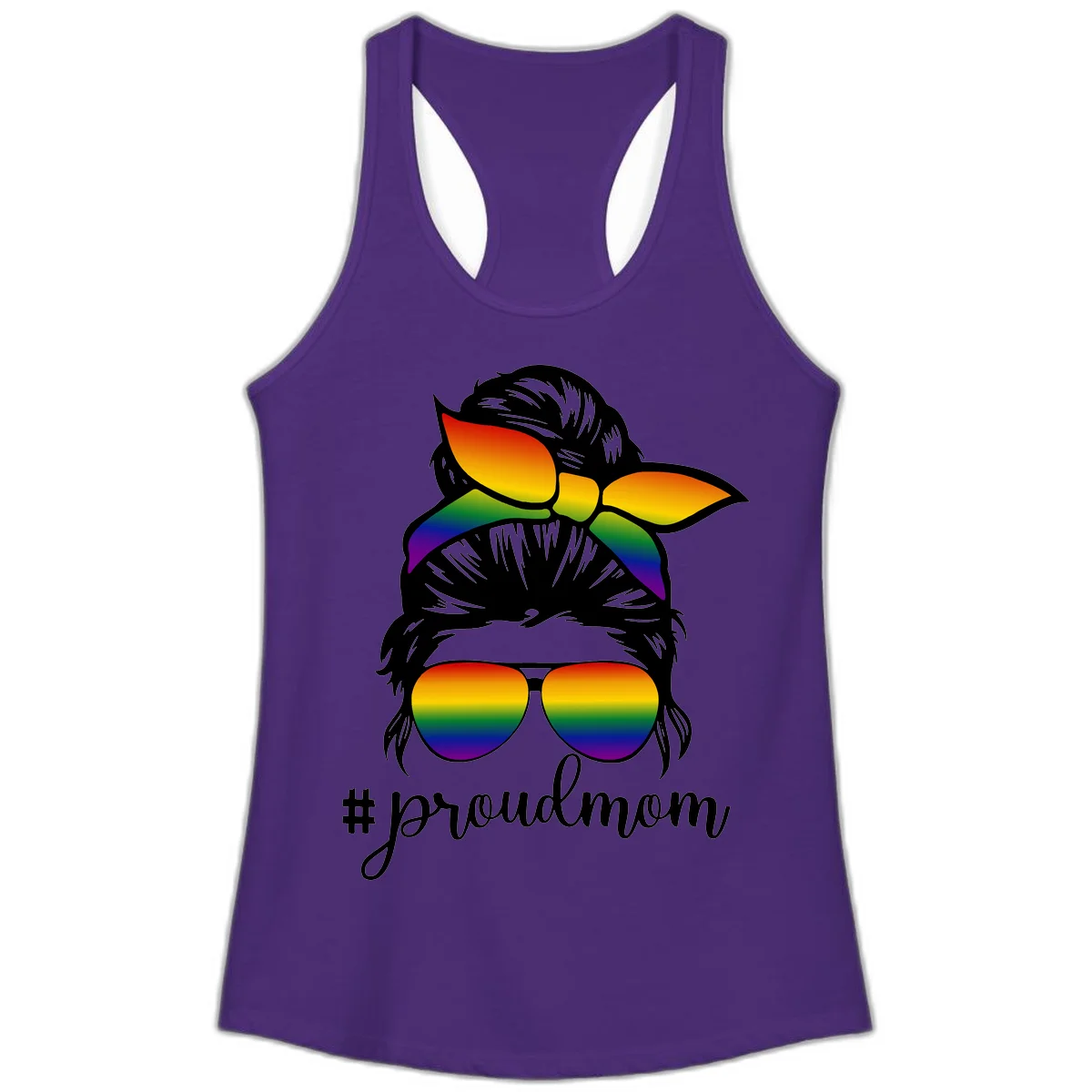 Illustration of a woman with black hair wearing rainbow bow, sunglasses, and lips with #proudmom text celebrating LGBTQ pride in Solid Purple Rush