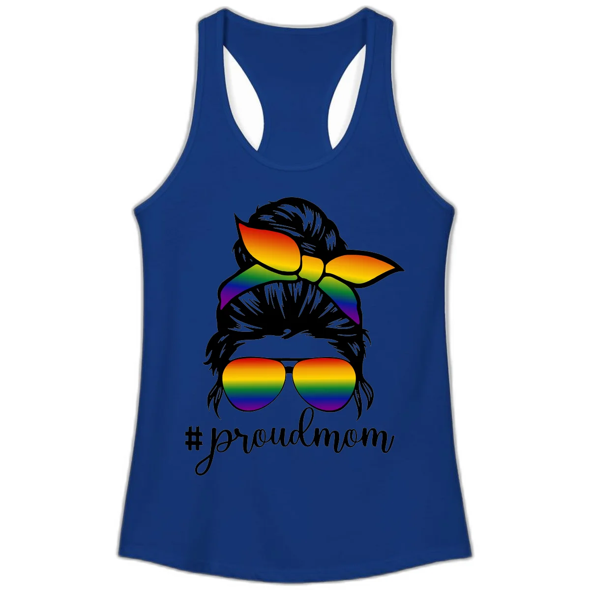 Illustration of a woman with black hair wearing rainbow bow, sunglasses, and lips with #proudmom text celebrating LGBTQ pride in Solid Royal