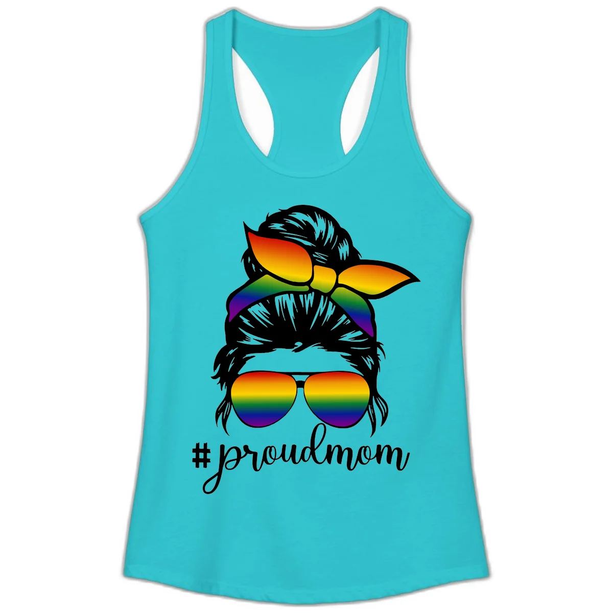 Illustration of a woman with black hair wearing rainbow bow, sunglasses, and lips with #proudmom text celebrating LGBTQ pride in Solid Tahiti Blue
