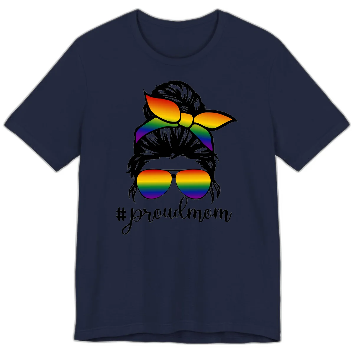 Illustration of a woman with black hair wearing rainbow bow, sunglasses, and lips with #proudmom text celebrating LGBTQ pride in Navy