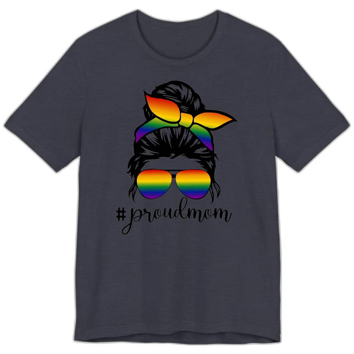 Illustration of a woman with black hair wearing rainbow bow, sunglasses, and lips with #proudmom text celebrating LGBTQ pride in Heather Midnight Navy