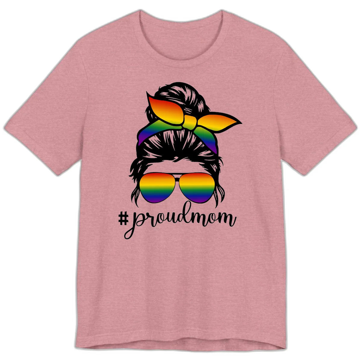 Illustration of a woman with black hair wearing rainbow bow, sunglasses, and lips with #proudmom text celebrating LGBTQ pride in Heather Orchid