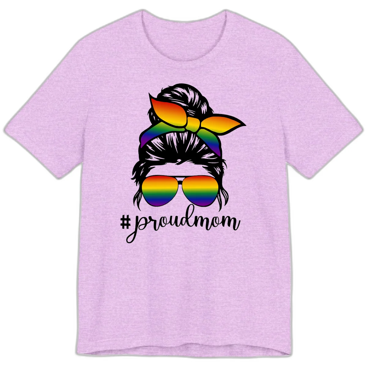 Illustration of a woman with black hair wearing rainbow bow, sunglasses, and lips with #proudmom text celebrating LGBTQ pride in Heather Prism Lilac