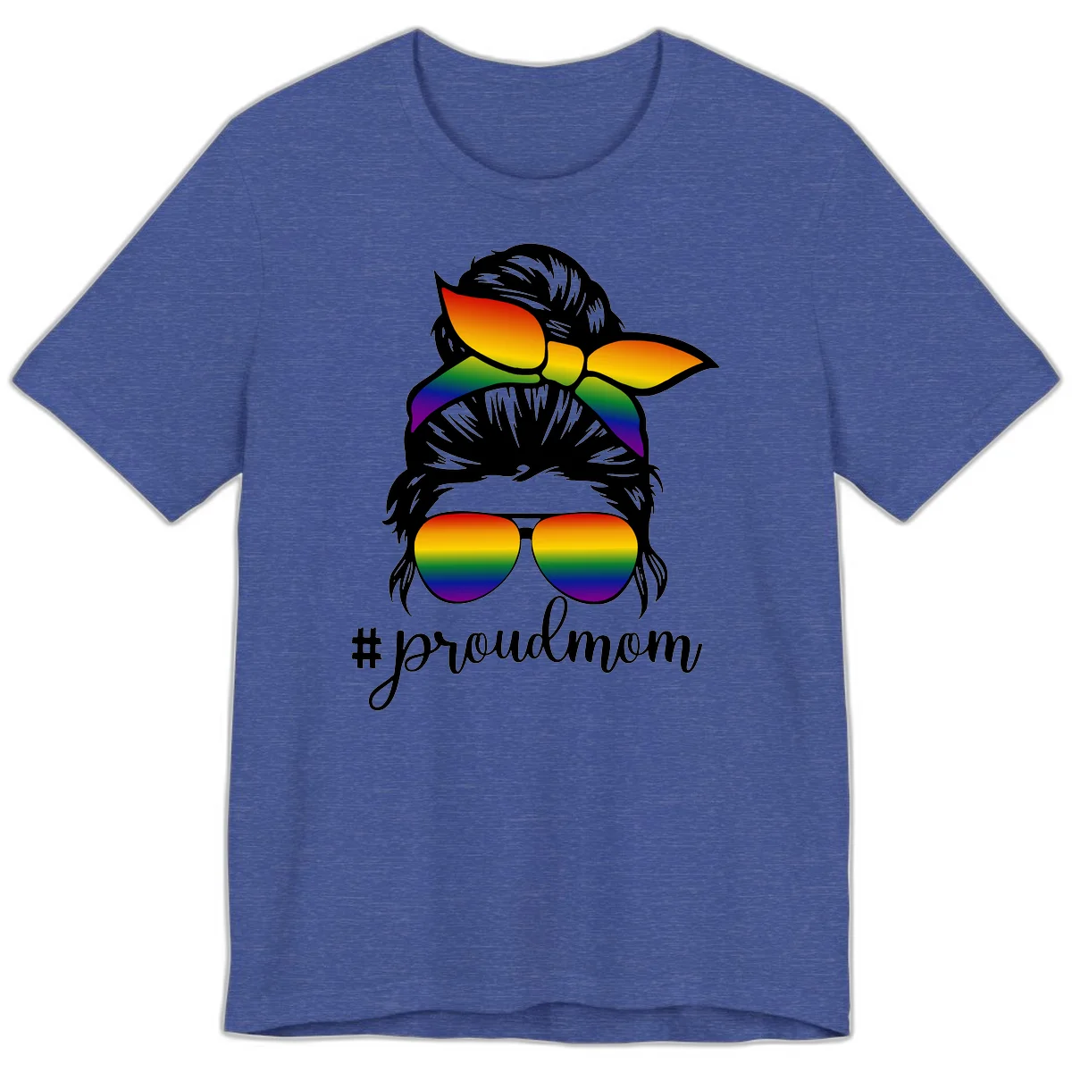 Illustration of a woman with black hair wearing rainbow bow, sunglasses, and lips with #proudmom text celebrating LGBTQ pride in Heather True Royal