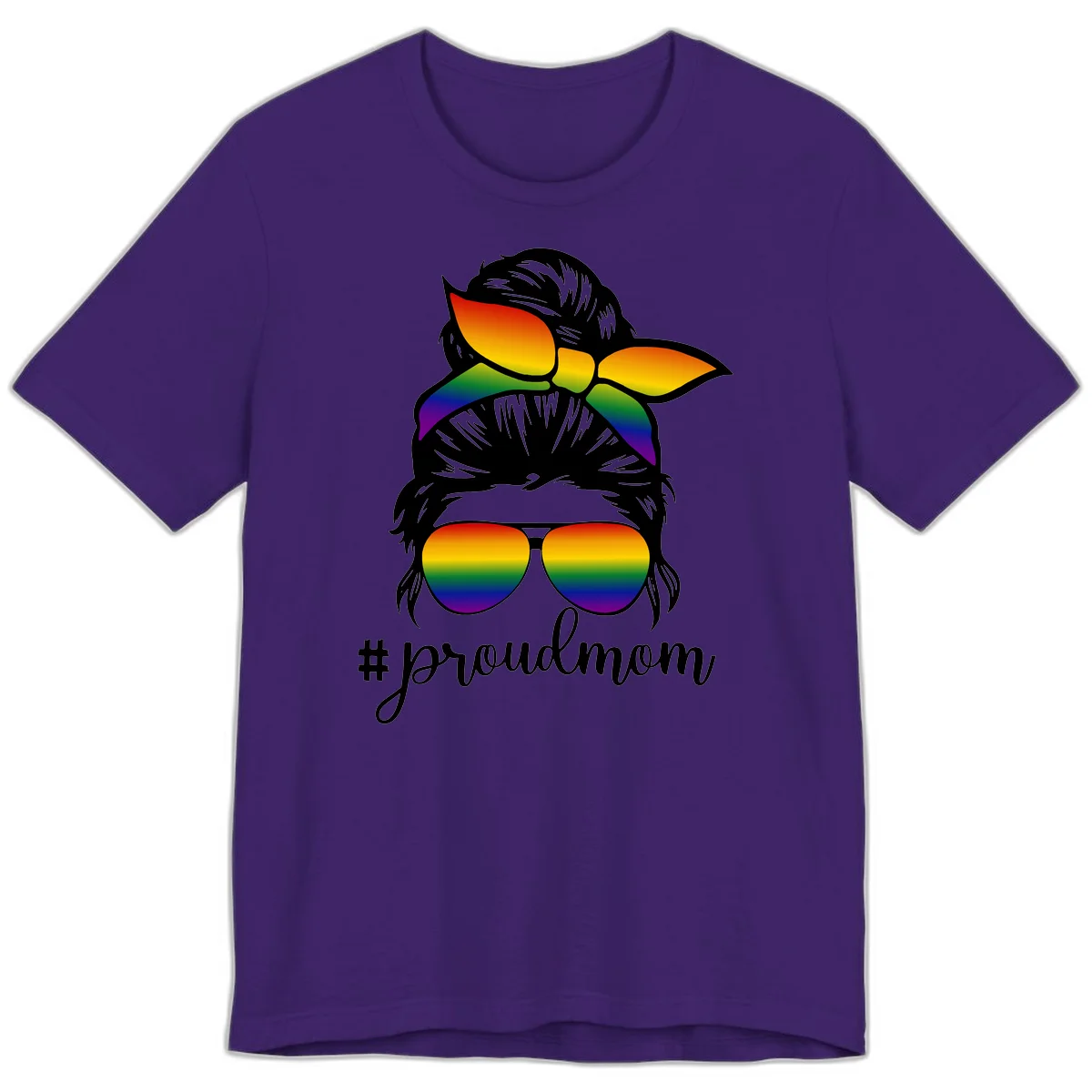 Illustration of a woman with black hair wearing rainbow bow, sunglasses, and lips with #proudmom text celebrating LGBTQ pride in Team Purple