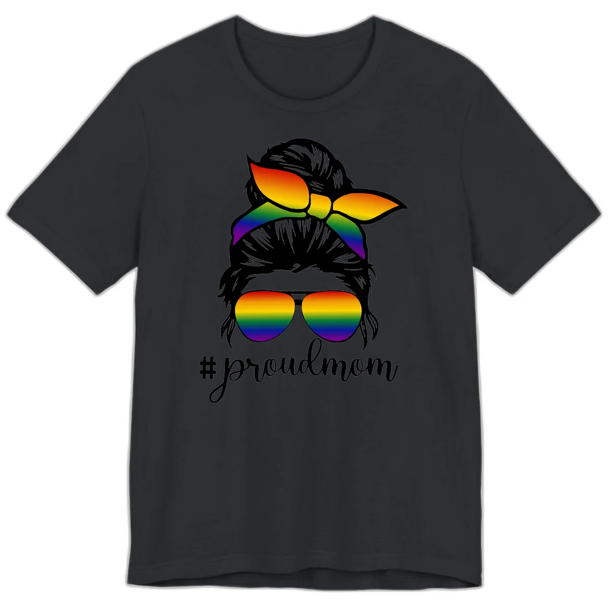 Illustration of a woman with black hair wearing rainbow bow, sunglasses, and lips with #proudmom text celebrating LGBTQ pride in Vintage Black