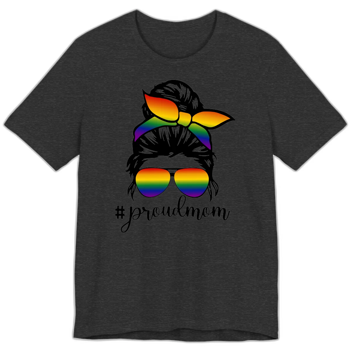 Illustration of a woman with black hair wearing rainbow bow, sunglasses, and lips with #proudmom text celebrating LGBTQ pride in Dark Grey Heather