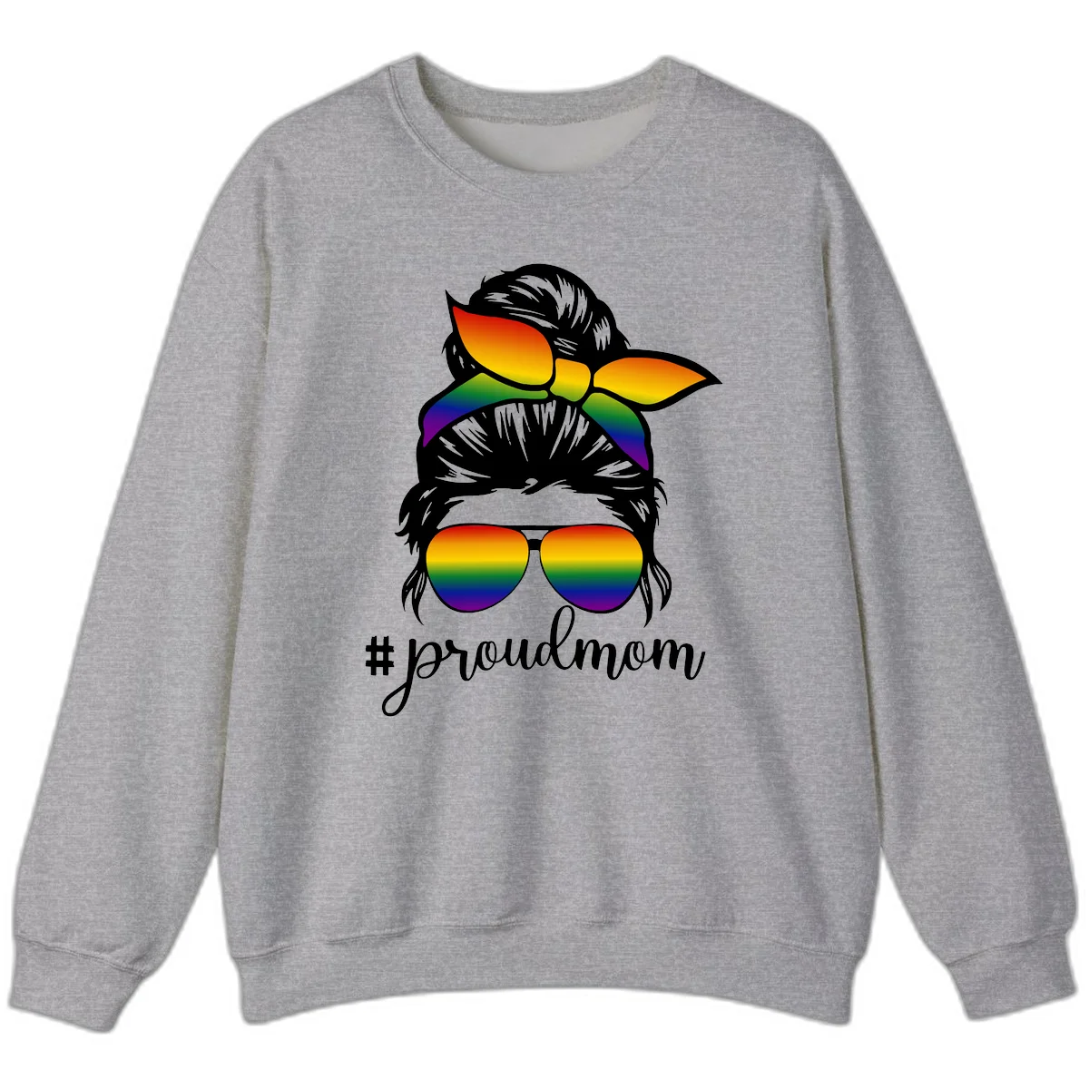 Illustration of a woman with black hair wearing rainbow bow, sunglasses, and lips with #proudmom text celebrating LGBTQ pride in Sport Grey