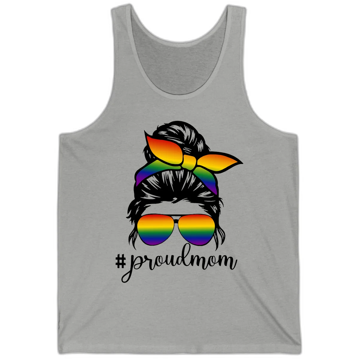 Illustration of a woman with black hair wearing rainbow bow, sunglasses, and lips with #proudmom text celebrating LGBTQ pride in Athletic Heather