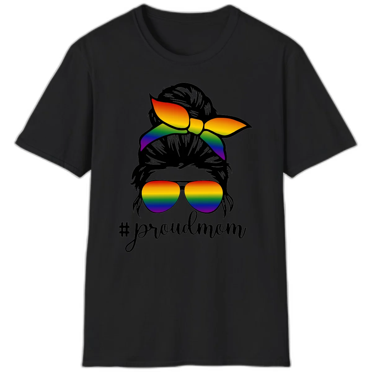 Illustration of a woman with black hair wearing rainbow bow, sunglasses, and lips with #proudmom text celebrating LGBTQ pride in Black