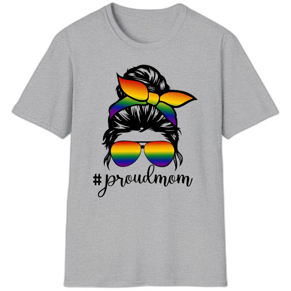 Illustration of a woman with black hair wearing rainbow bow, sunglasses, and lips with #proudmom text celebrating LGBTQ pride in Sport Grey