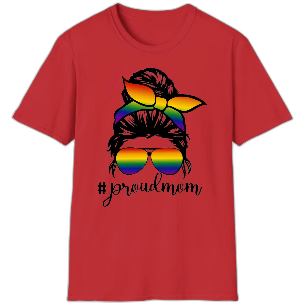 Illustration of a woman with black hair wearing rainbow bow, sunglasses, and lips with #proudmom text celebrating LGBTQ pride in Red