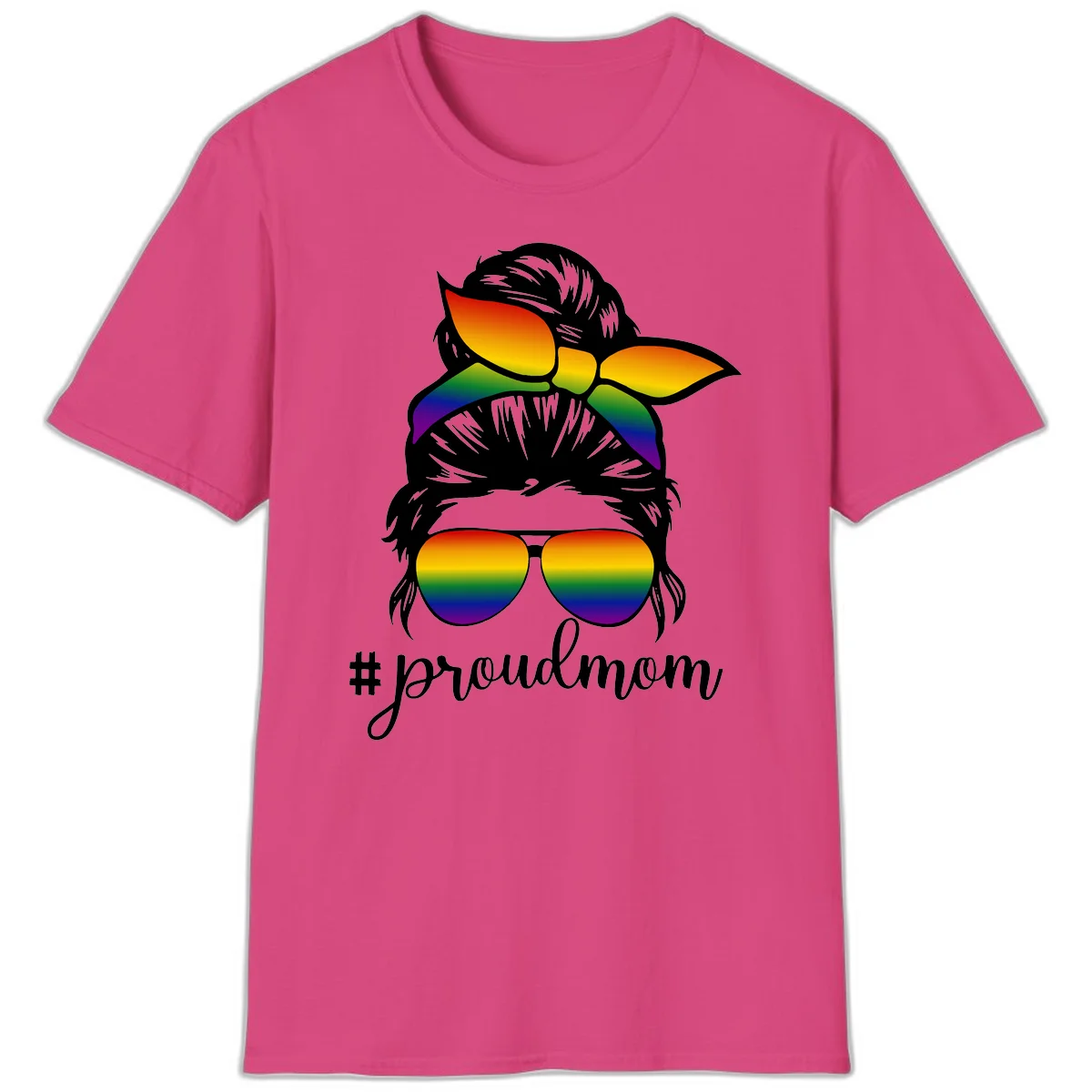 Illustration of a woman with black hair wearing rainbow bow, sunglasses, and lips with #proudmom text celebrating LGBTQ pride in Heliconia