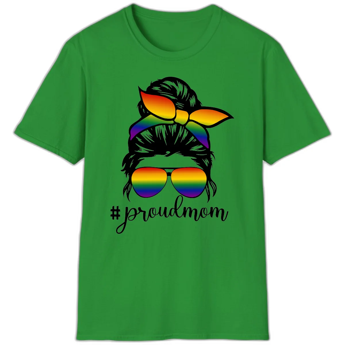 Illustration of a woman with black hair wearing rainbow bow, sunglasses, and lips with #proudmom text celebrating LGBTQ pride in Irish Green