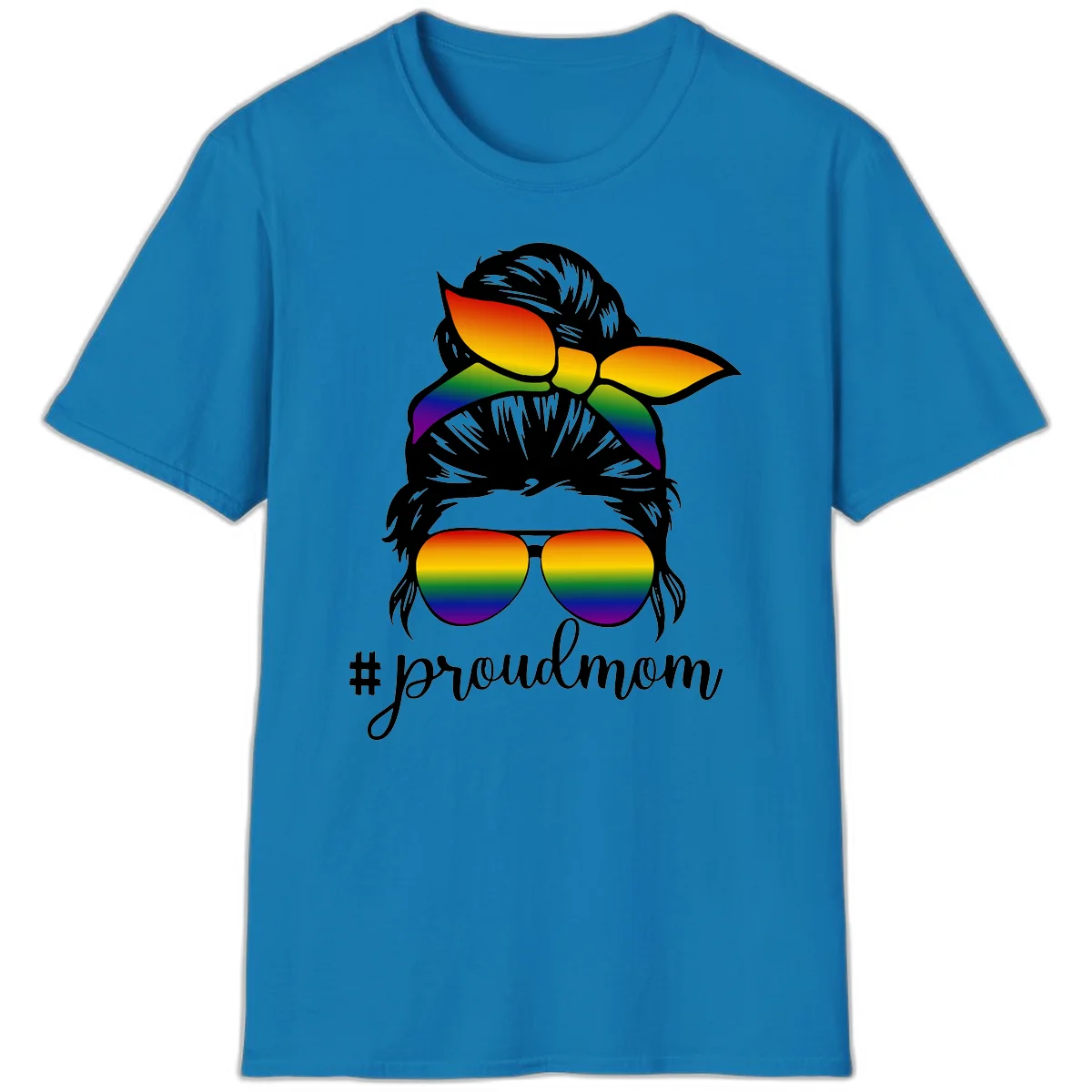 Illustration of a woman with black hair wearing rainbow bow, sunglasses, and lips with #proudmom text celebrating LGBTQ pride in Sapphire