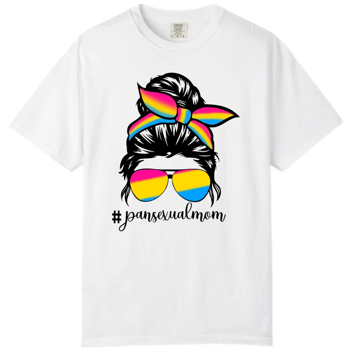 Illustration of woman with black hair wearing rainbow pansexual pride sunglasses and bow with #pansexualmom text in White