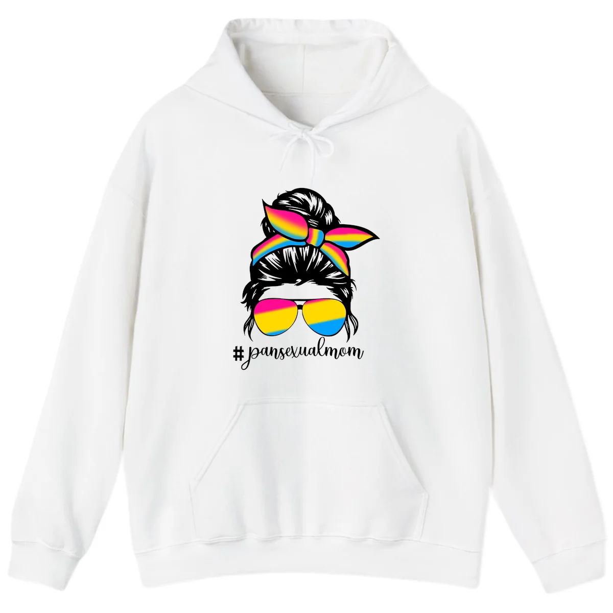 Illustration of woman with black hair wearing rainbow pansexual pride sunglasses and bow with #pansexualmom text in White