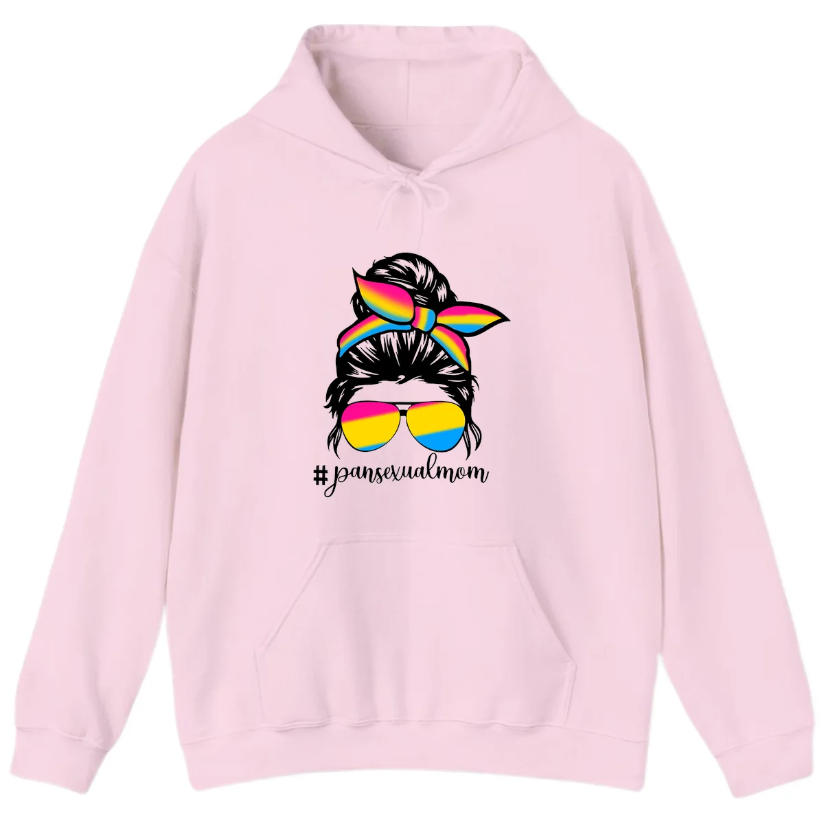 Illustration of woman with black hair wearing rainbow pansexual pride sunglasses and bow with #pansexualmom text in Light Pink