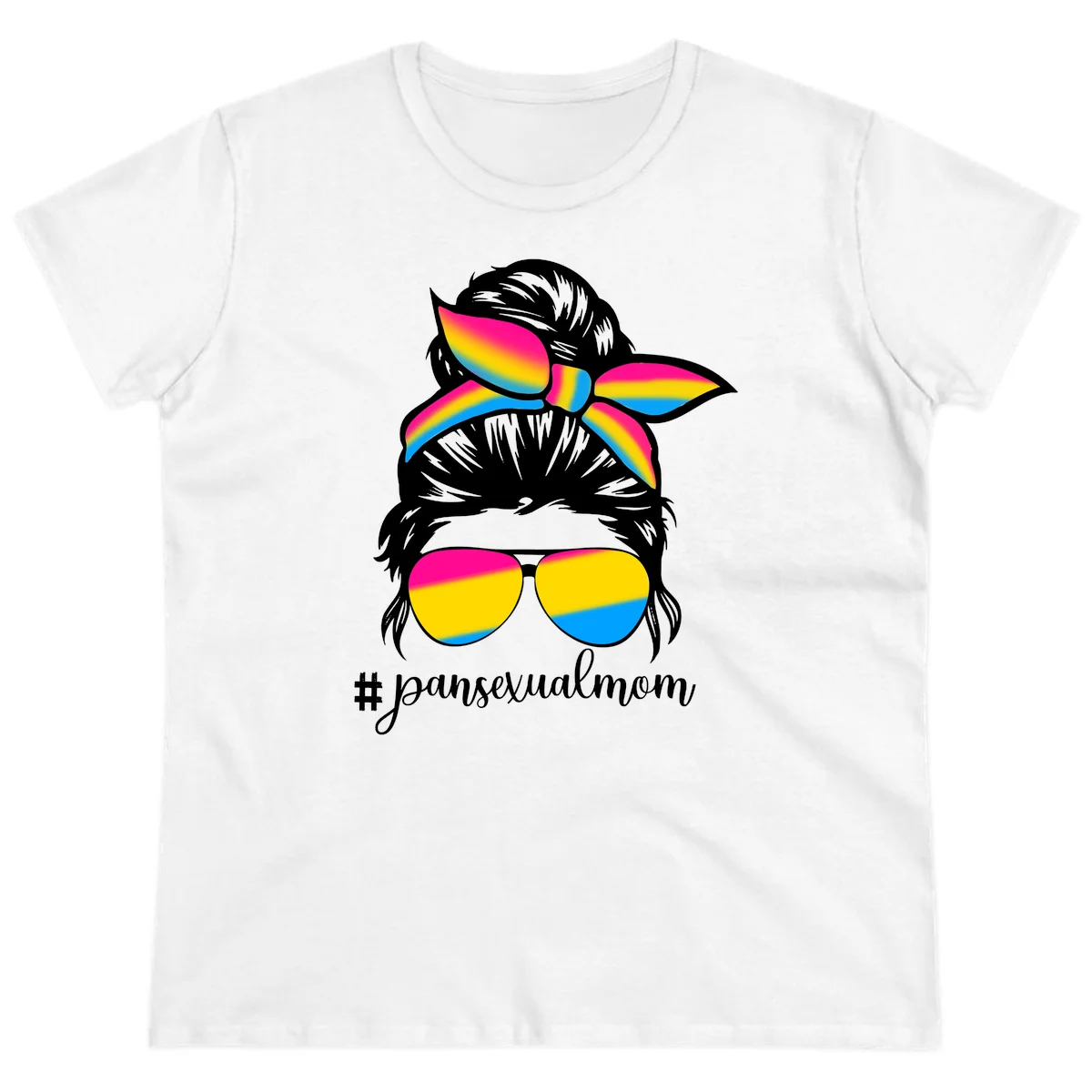 Illustration of woman with black hair wearing rainbow pansexual pride sunglasses and bow with #pansexualmom text in White