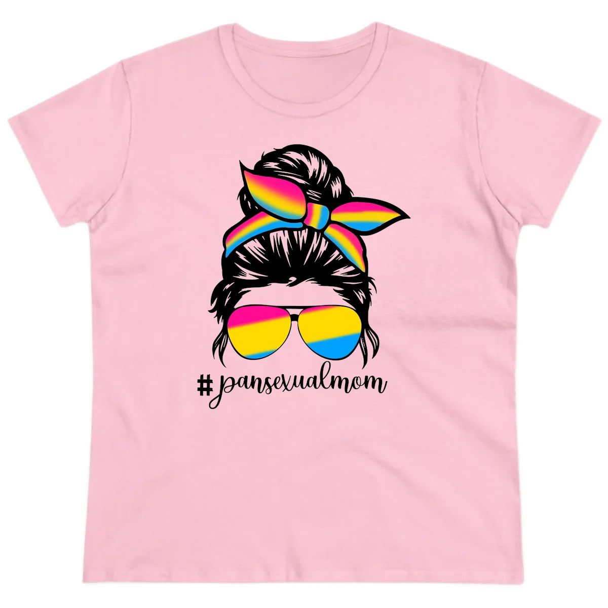 Illustration of woman with black hair wearing rainbow pansexual pride sunglasses and bow with #pansexualmom text in Light Pink