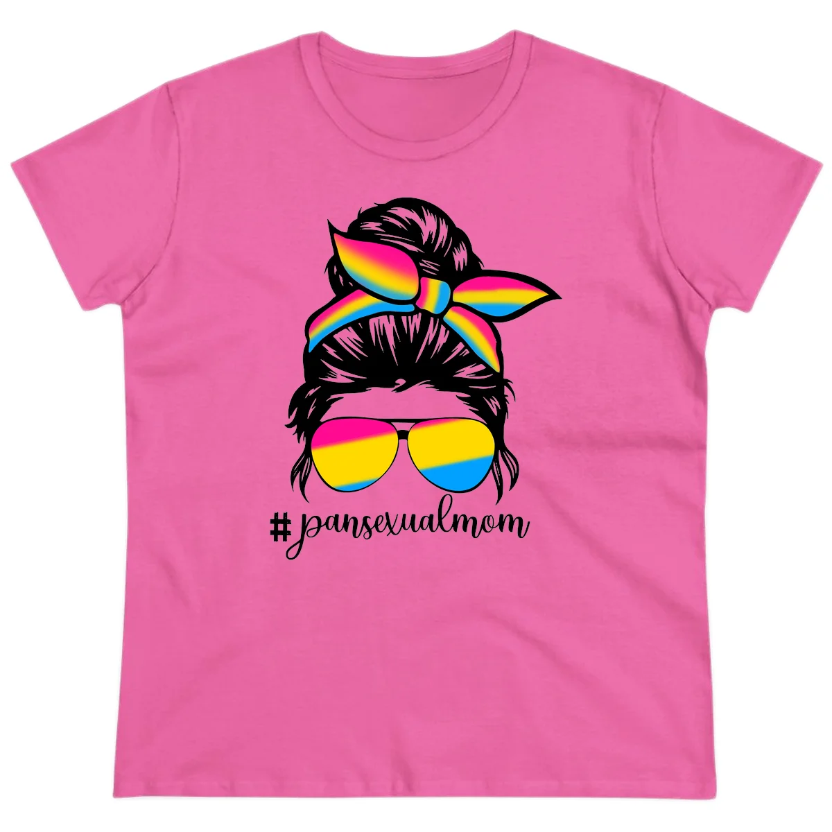 Illustration of woman with black hair wearing rainbow pansexual pride sunglasses and bow with #pansexualmom text in Azalea