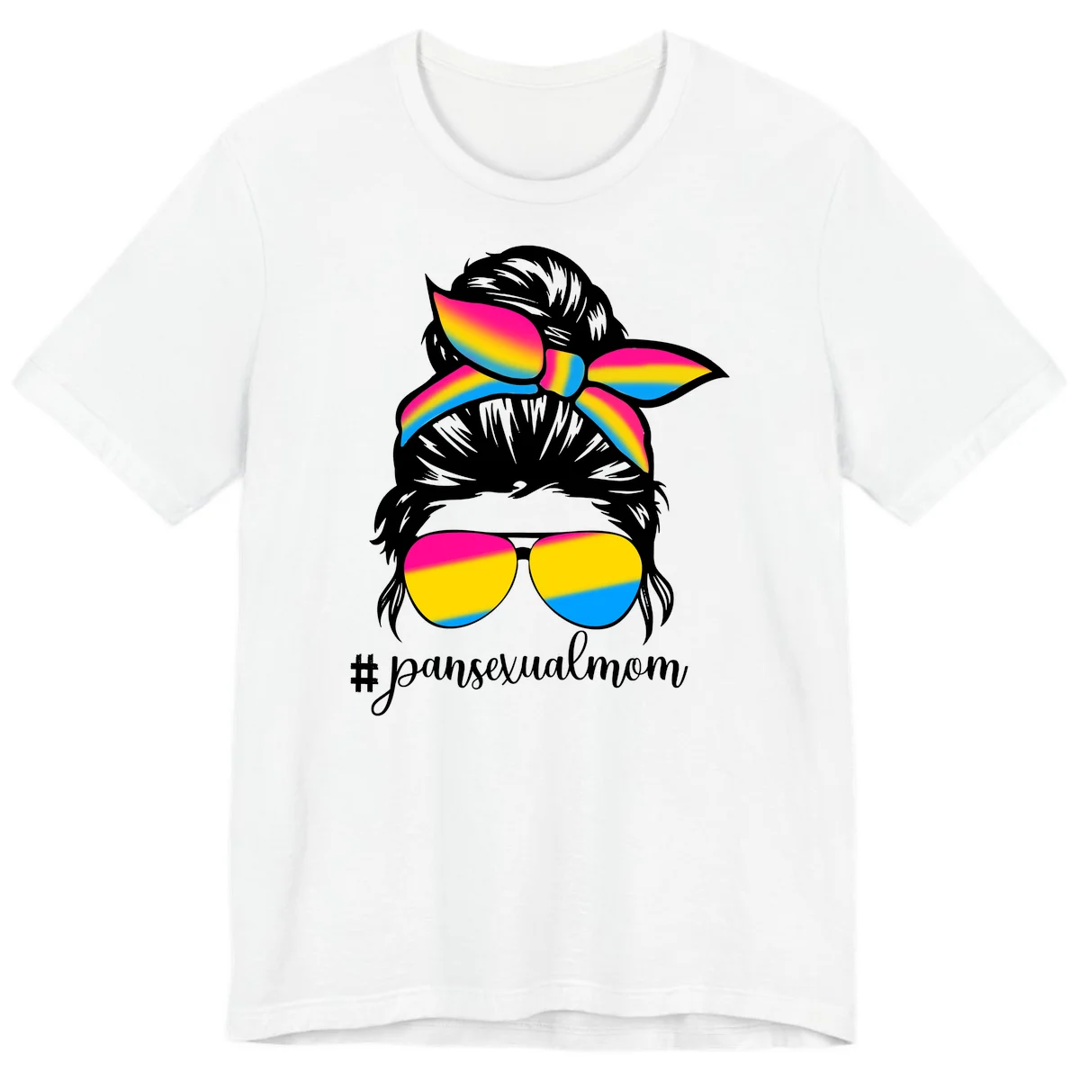 Illustration of woman with black hair wearing rainbow pansexual pride sunglasses and bow with #pansexualmom text in White