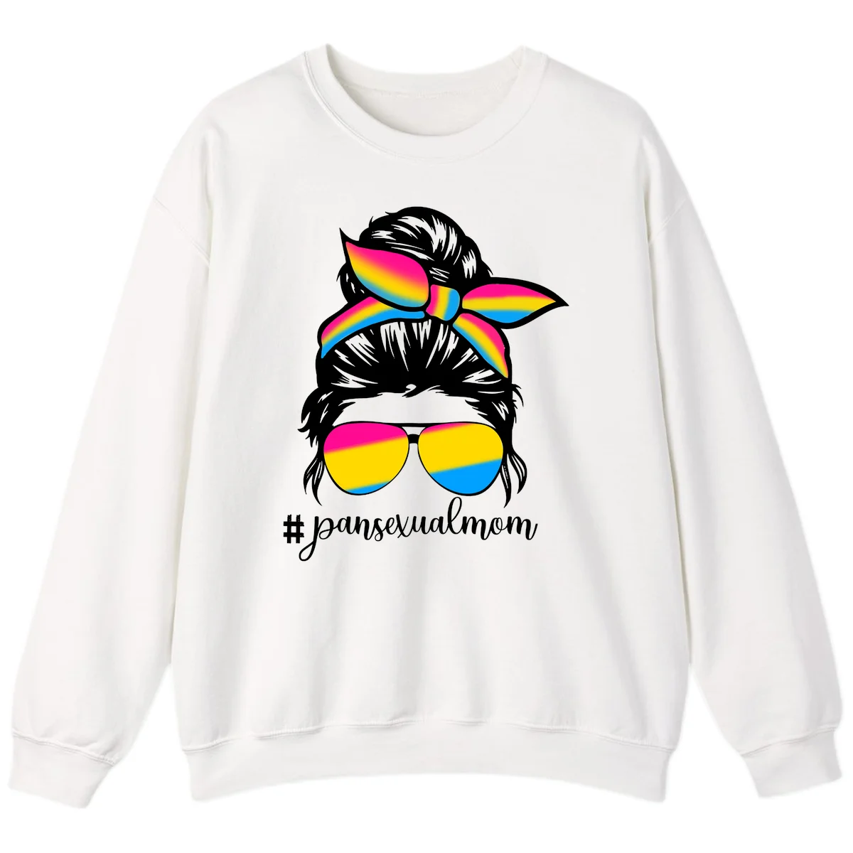 Illustration of woman with black hair wearing rainbow pansexual pride sunglasses and bow with #pansexualmom text in White