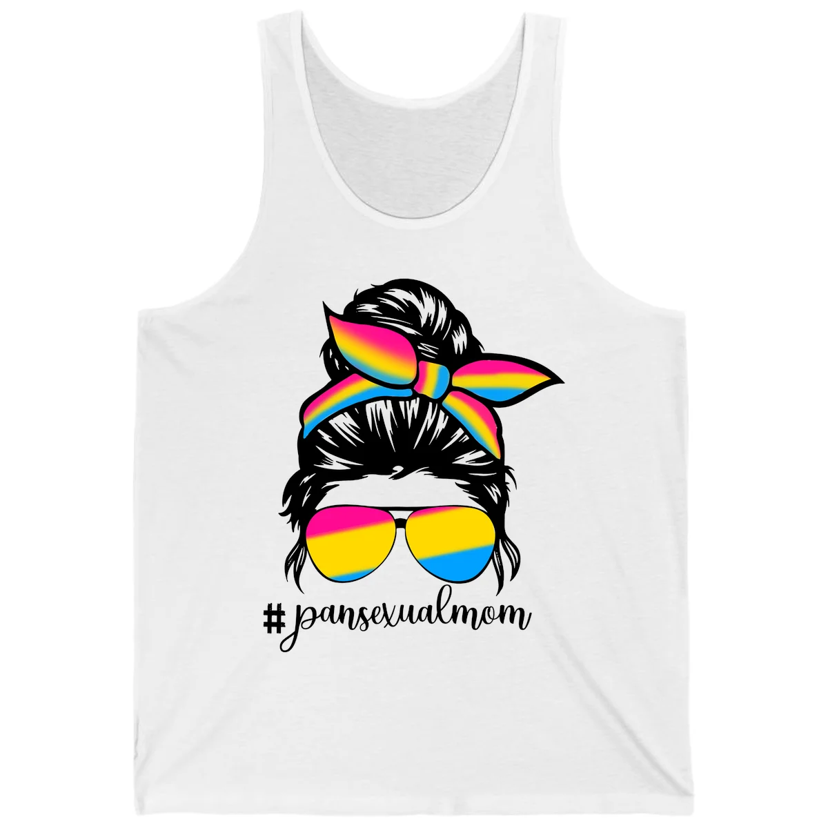 Illustration of woman with black hair wearing rainbow pansexual pride sunglasses and bow with #pansexualmom text in White