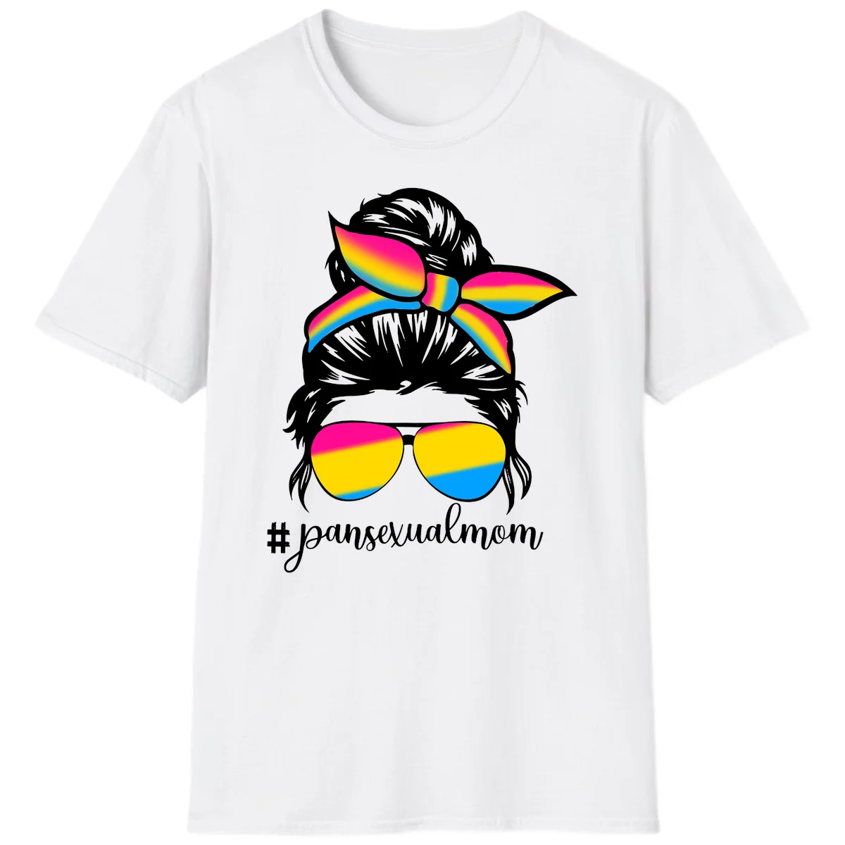 Illustration of woman with black hair wearing rainbow pansexual pride sunglasses and bow with #pansexualmom text in White