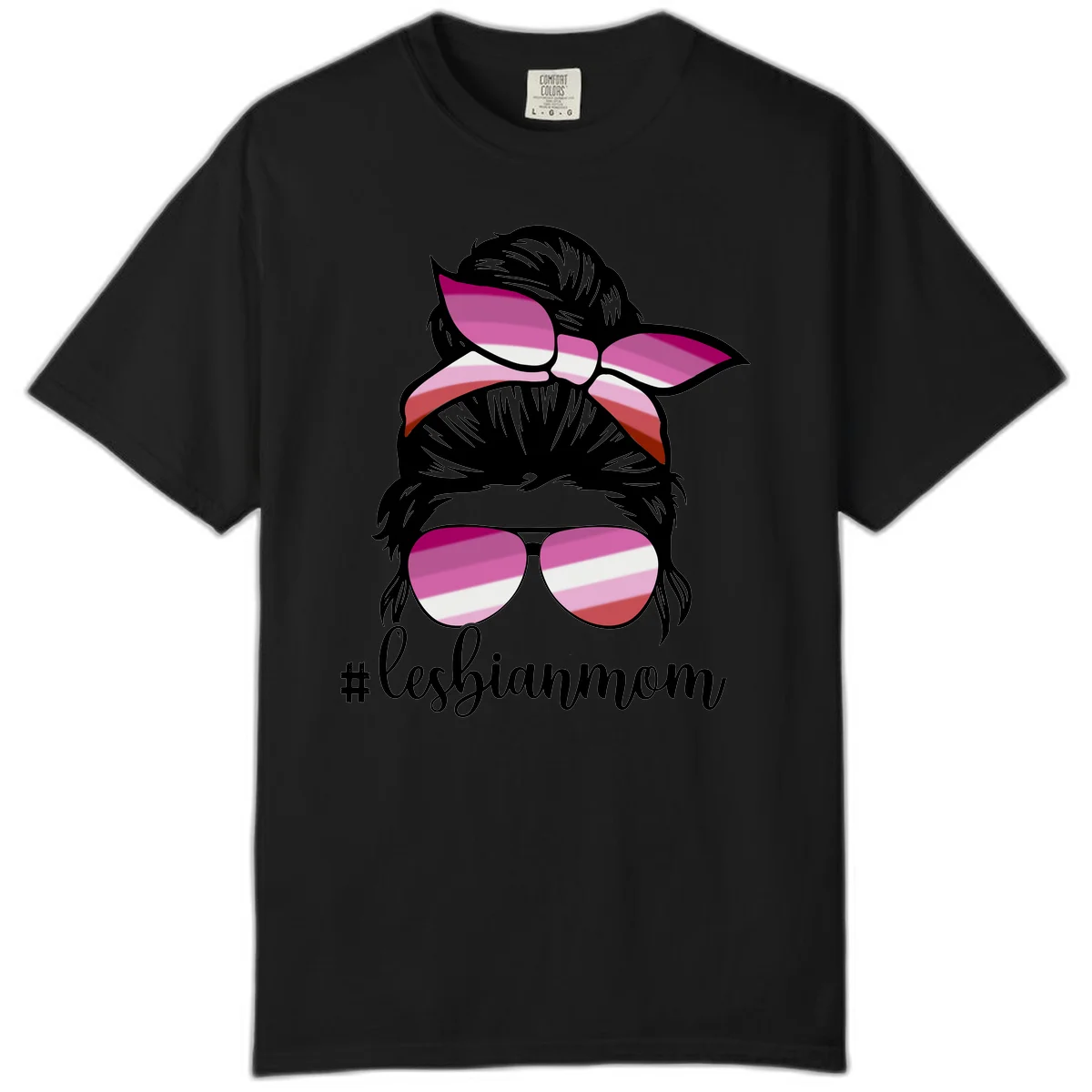Illustration of a woman with black hair, pink bow, and aviator sunglasses featuring lesbian pride flag stripes with #lesbianmom text in Black