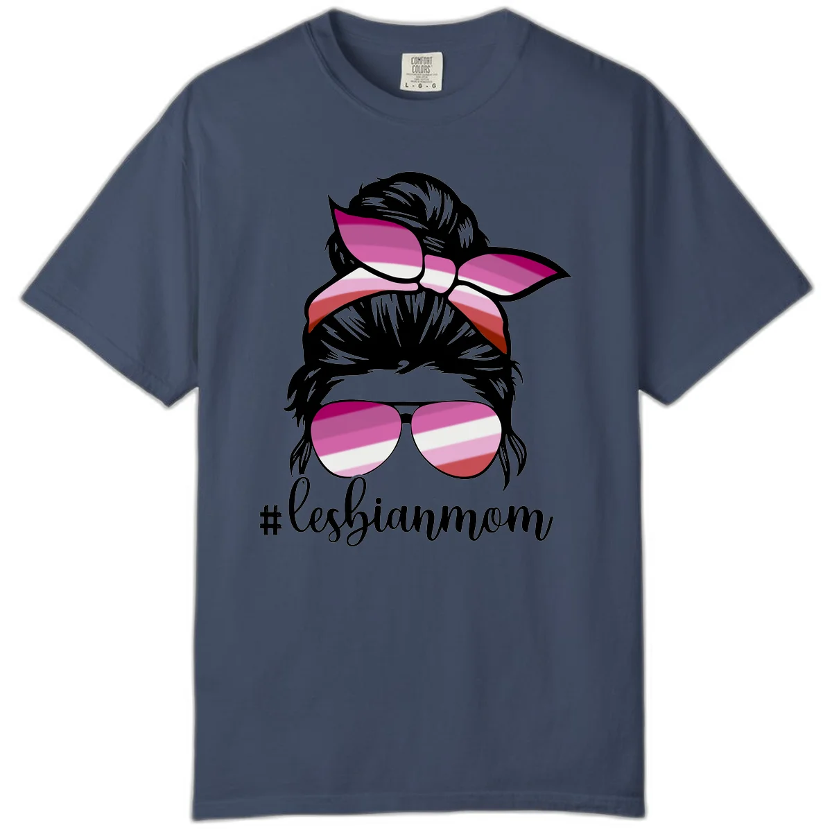 Illustration of a woman with black hair, pink bow, and aviator sunglasses featuring lesbian pride flag stripes with #lesbianmom text in Midnight
