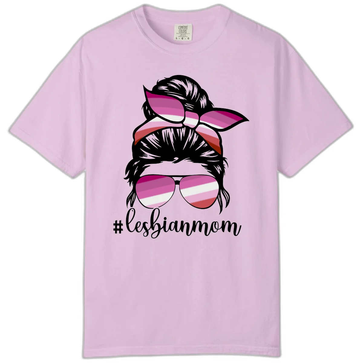 Illustration of a woman with black hair, pink bow, and aviator sunglasses featuring lesbian pride flag stripes with #lesbianmom text in Orchid